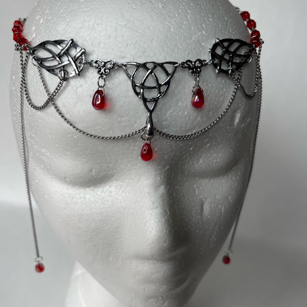 celtic tiara with red drops in silver